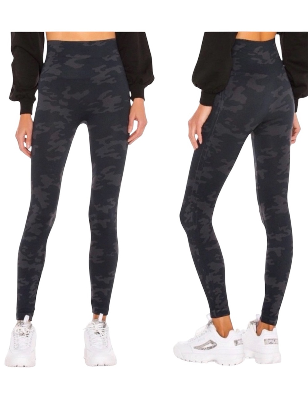Spanx Black Gray Camo Ankle Leggings Ecocare Smoothing Large NEW